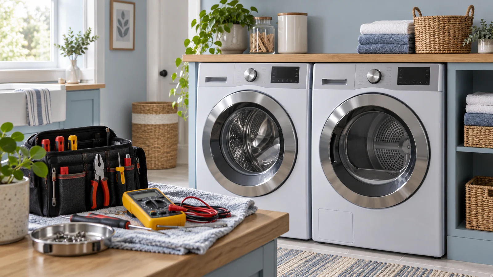 Bright laundry room with washer, dryer and a neatly arranged diagnostic tool pouch