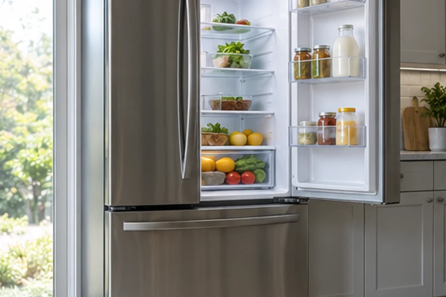 An open stainless steel refrigerator holds vegetables, jars and bottles in a kitchen.