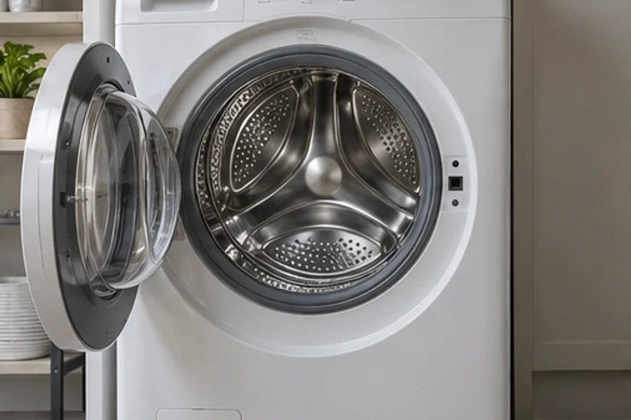 A white front-loading washing machine has its door open, revealing the metal drum.