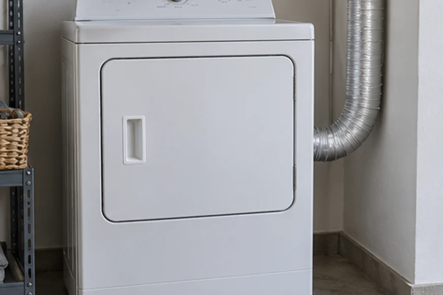 A white clothes dryer stands beside a metal exhaust duct in a laundry area.