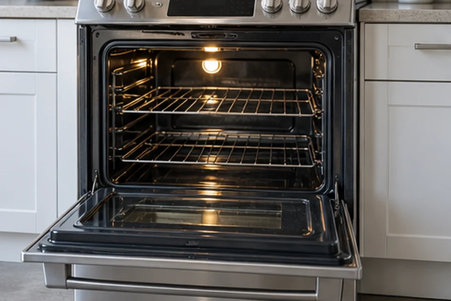 An oven stands open with illuminated racks between white kitchen cabinets.