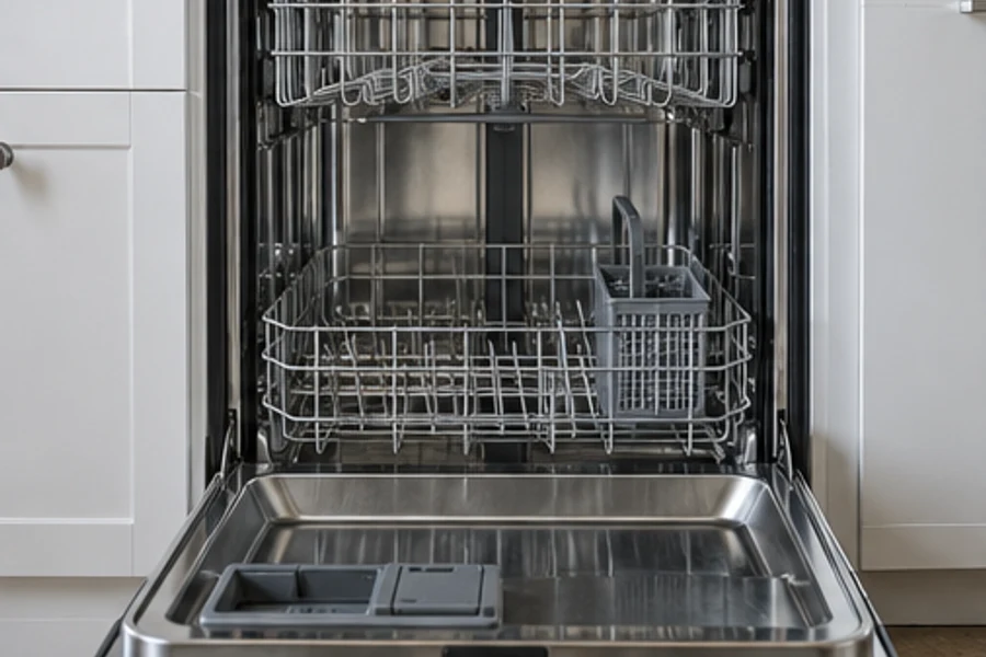 An open dishwasher reveals empty racks, a cutlery basket and a detergent dispenser.