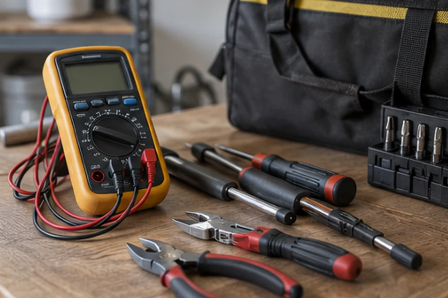 A digital multimeter, screwdrivers, pliers and driver bits lie on a wooden bench beside a tool bag.