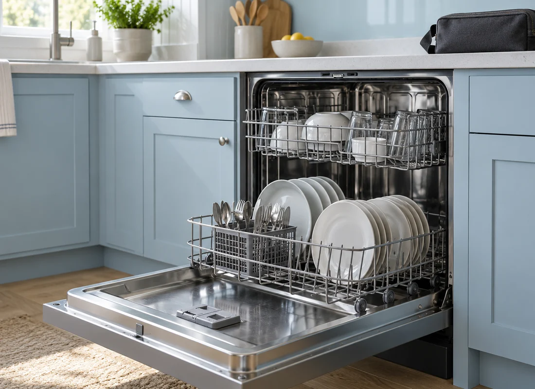An open dishwasher holds plates, cups, glasses and cutlery beneath a kitchen counter.