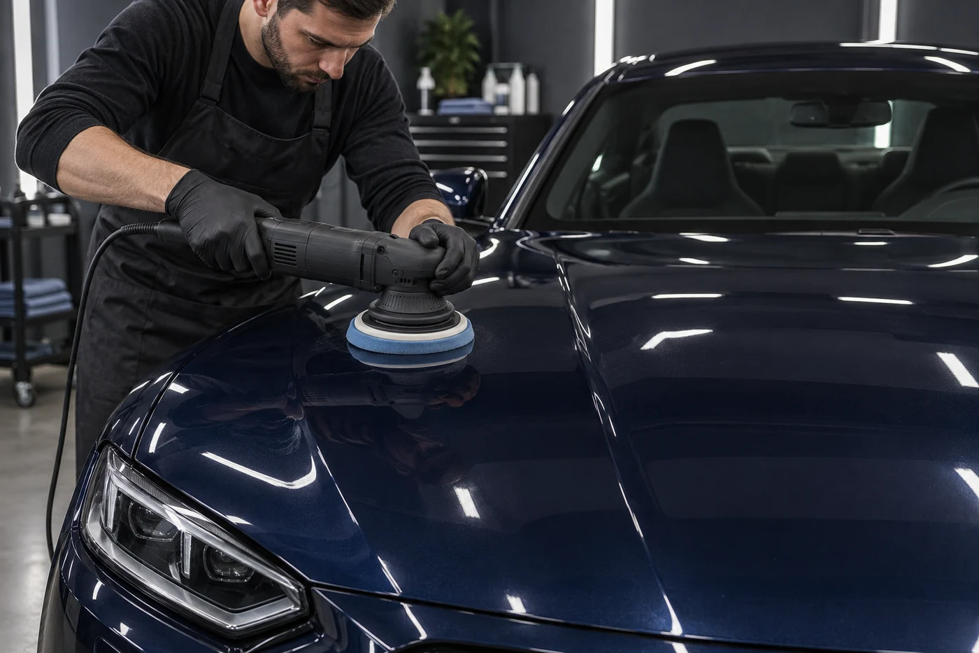 A worker uses an electric polisher on the hood of a dark blue car in a workshop.