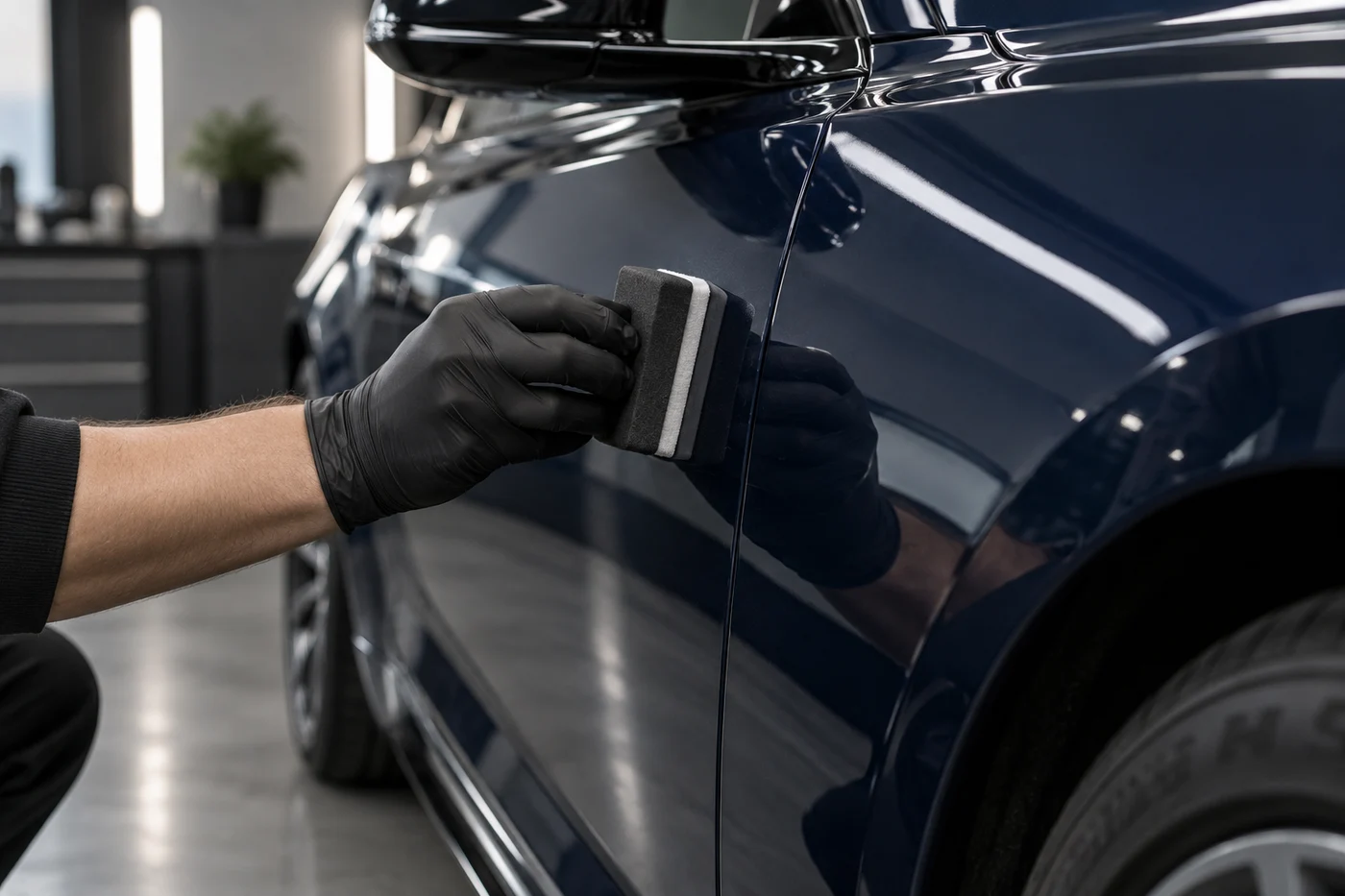 A gloved worker presses a rectangular applicator against the glossy side panel of a dark car.
