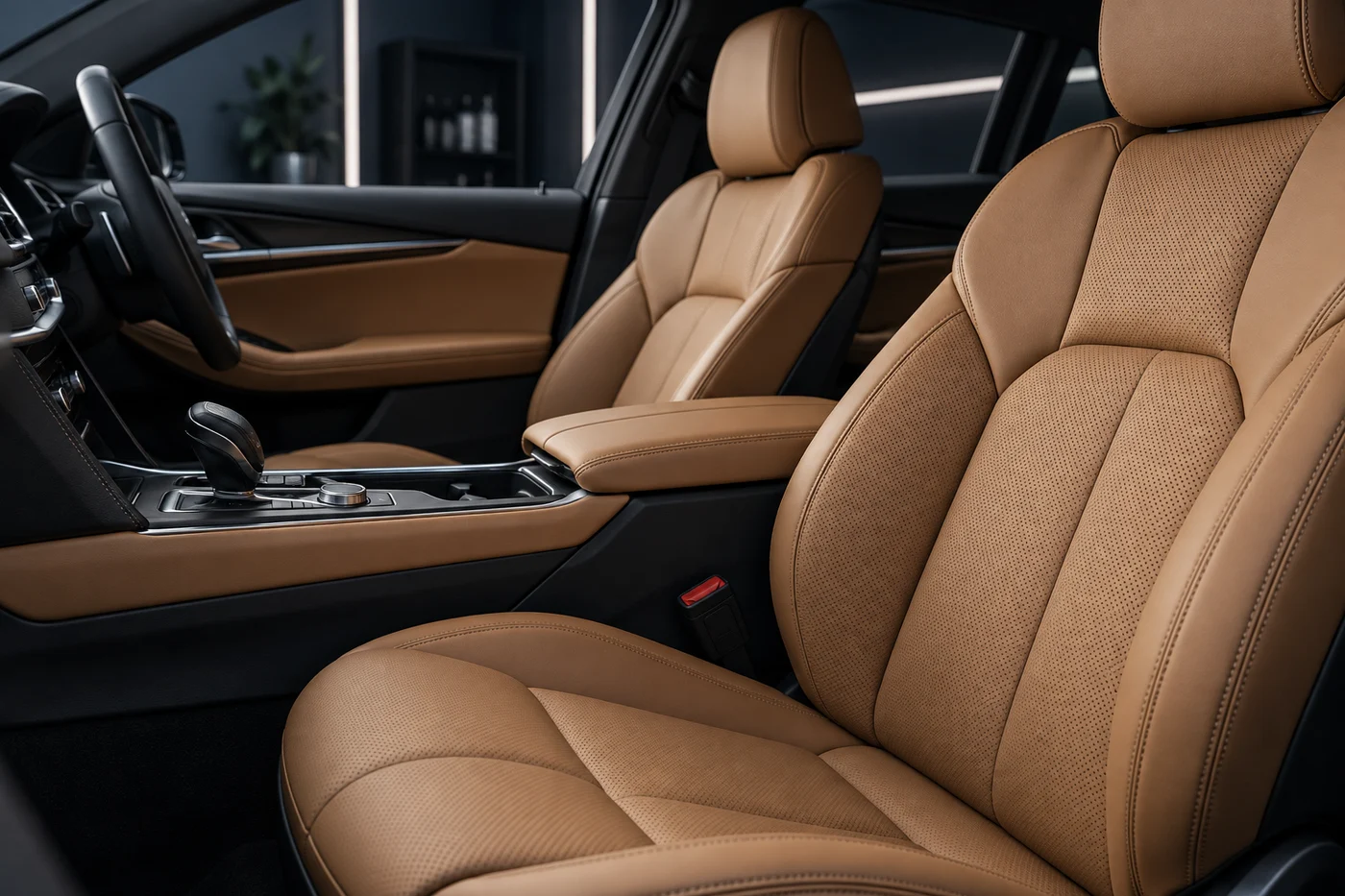 Tan leather front seats and a black center console fill the interior of a car.
