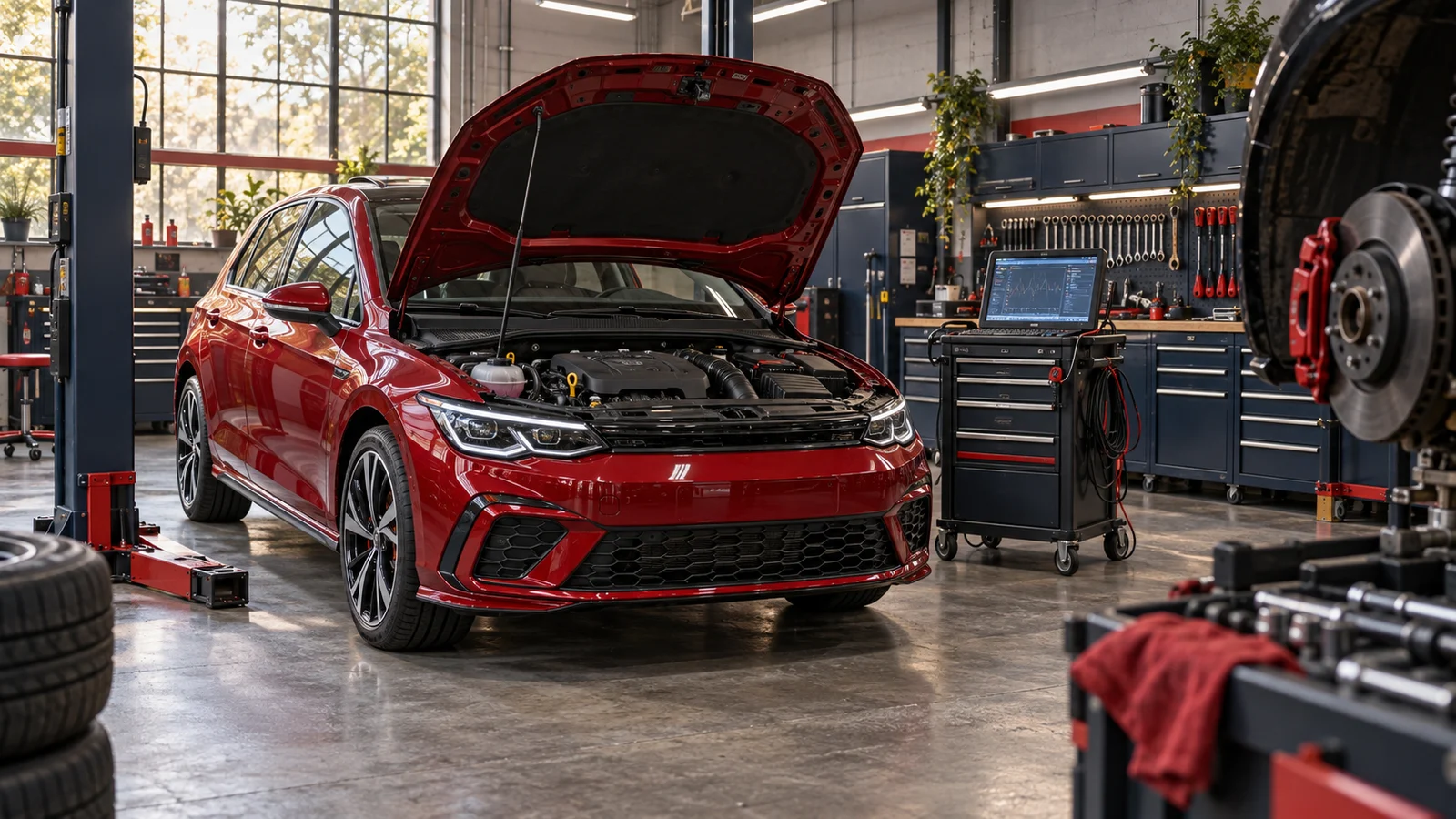 Red hatchback with open hood inside an organized independent auto repair workshop