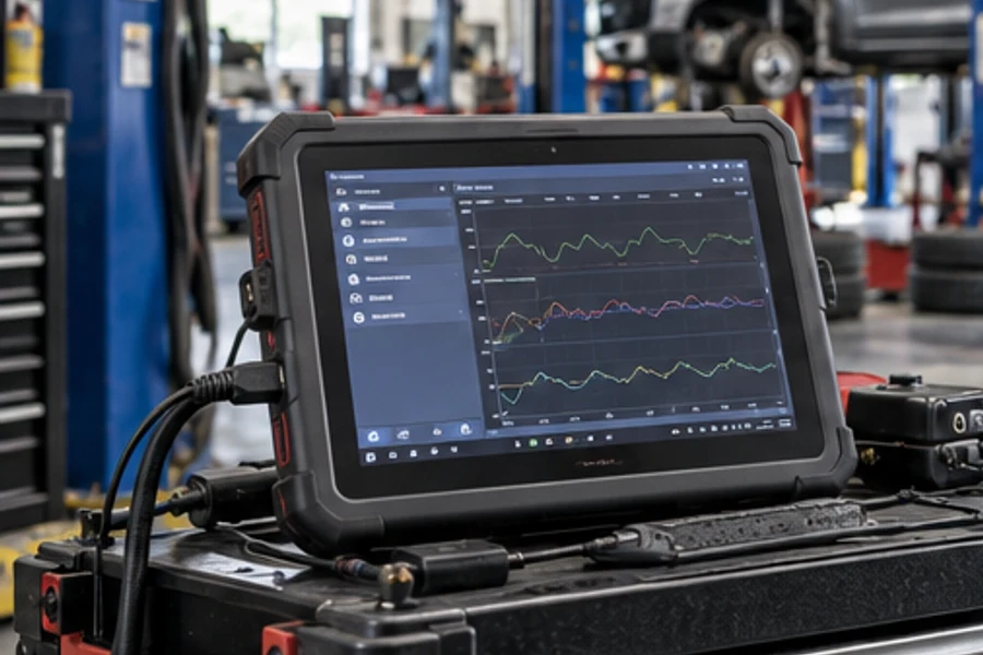 A rugged diagnostic tablet displays line graphs on a tool cart in an automotive workshop.