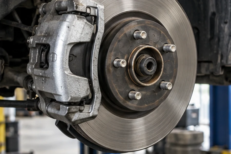 An exposed brake rotor and caliper are visible with the vehicle wheel removed.