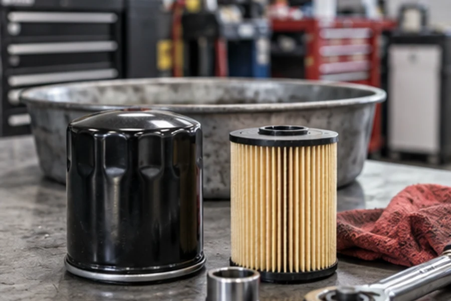 A black spin-on filter and a pleated cartridge filter sit on a workshop bench beside tools and a drain pan.