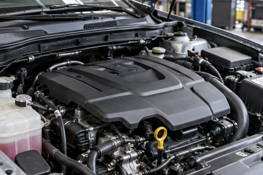 An open car engine bay shows a black engine cover, hoses, fluid reservoirs, and a yellow dipstick.