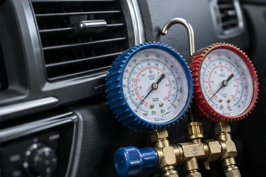 Blue and red pressure gauges sit in front of a vehicle dashboard air vent.