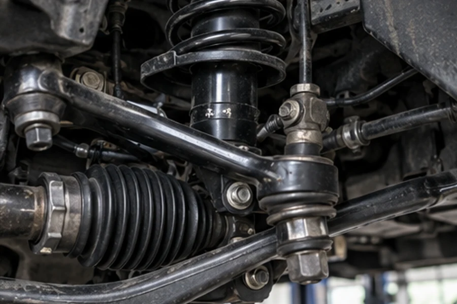 A close view beneath a vehicle shows suspension arms, a coil spring and a ribbed rubber boot.