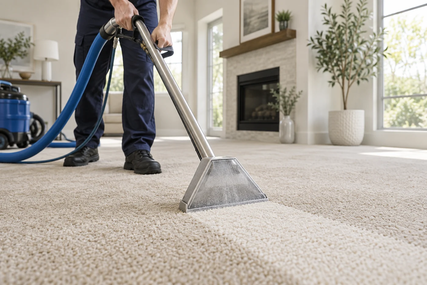A worker moves a carpet cleaning wand across a pale carpet in a living room.
