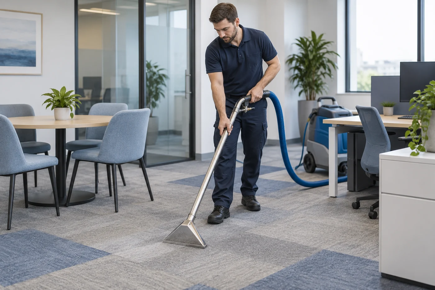 A worker uses a carpet cleaning wand connected to a hose between desks and chairs in an office.