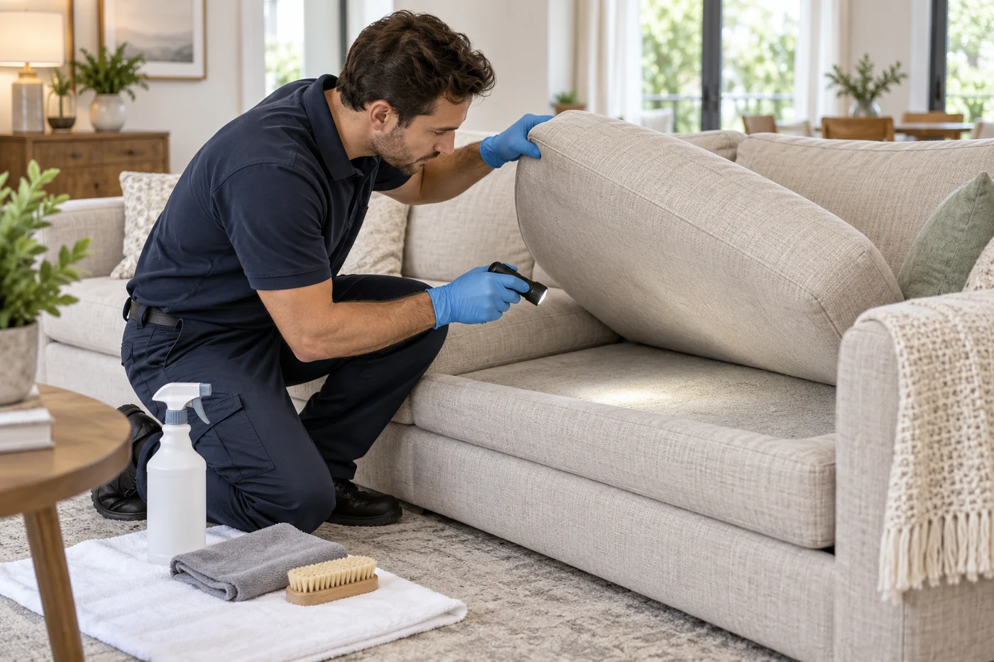 A gloved worker lifts a sofa cushion and shines a flashlight beneath it beside cleaning supplies.