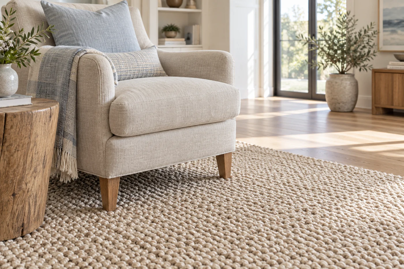 A beige upholstered armchair with cushions and a throw sits on a textured rug in a living room.