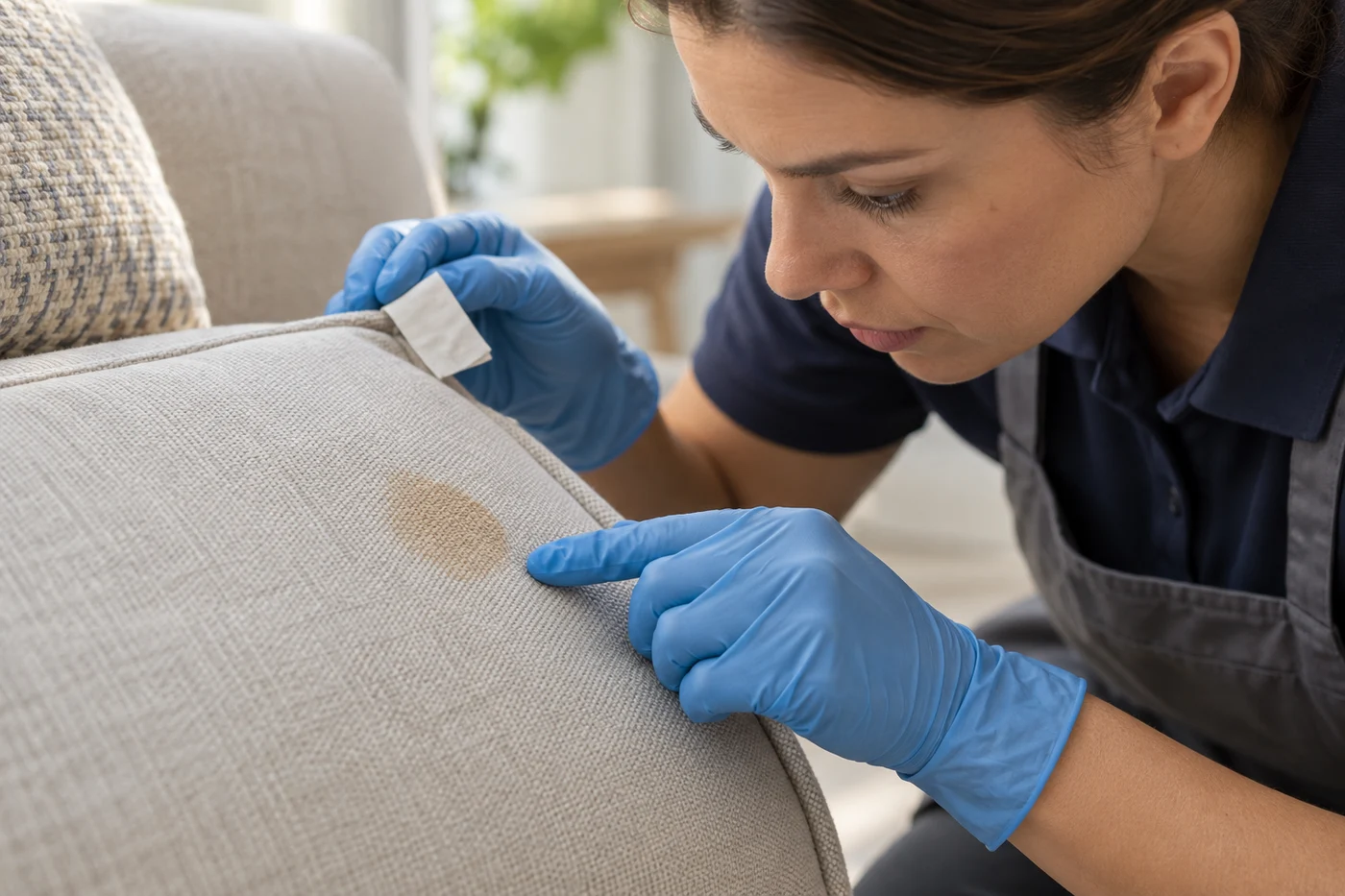 A gloved worker examines a brown stain on a light fabric sofa cushion.