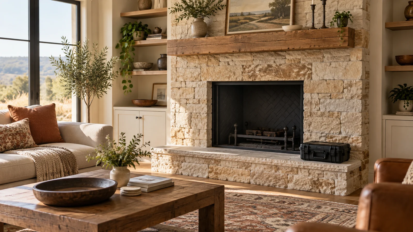 Warm contemporary stone fireplace with a chimney inspection tool kit nearby