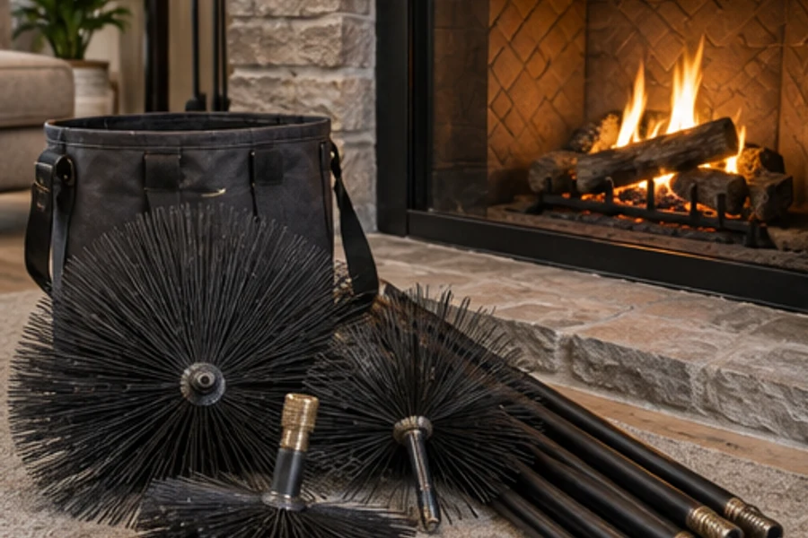 Chimney brushes, rods and a black bag rest on a stone hearth beside a burning fireplace.