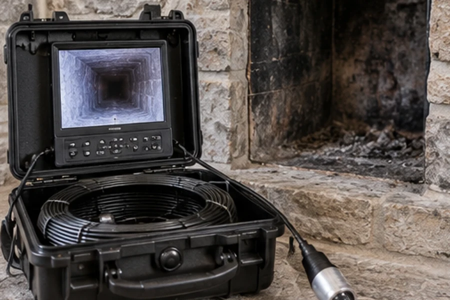 An inspection camera kit beside a fireplace displays the inside of a chimney on its screen.