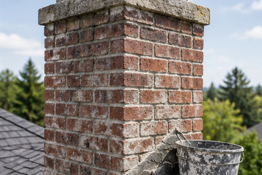 A brick chimney rises above a shingled roof with a mortar bucket and trowel beside it.