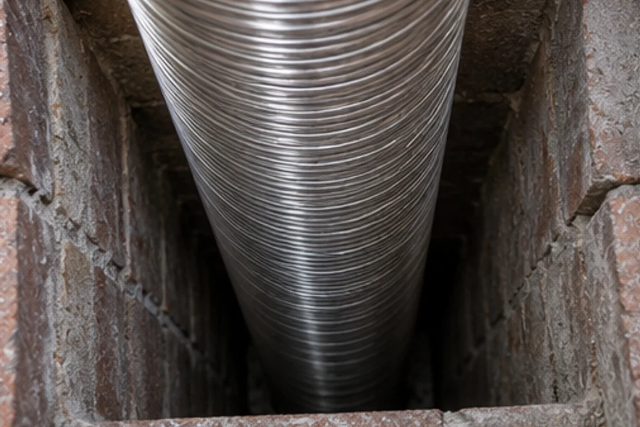 A corrugated metal liner runs down a brick chimney shaft.