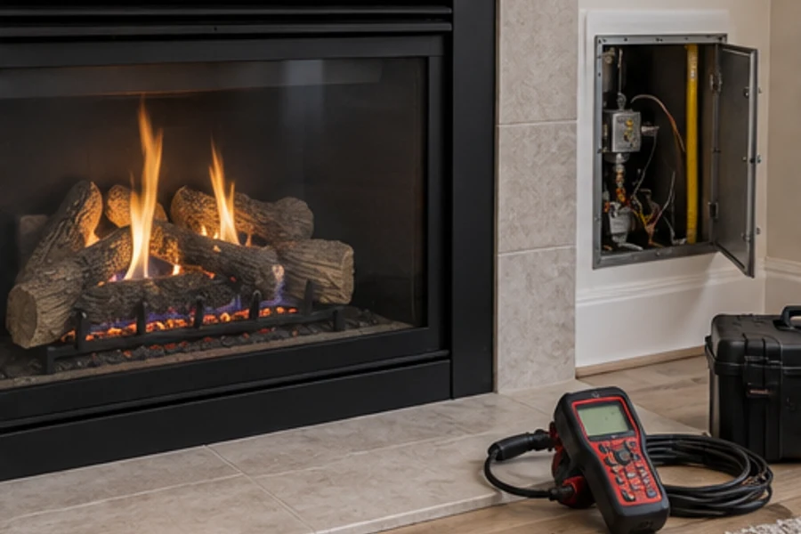 A lit gas fireplace stands beside an open wall access panel, with a handheld meter and tool case on the floor.