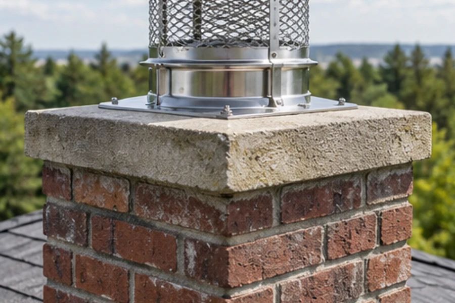 A metal chimney cap sits on a concrete crown above a brick chimney.