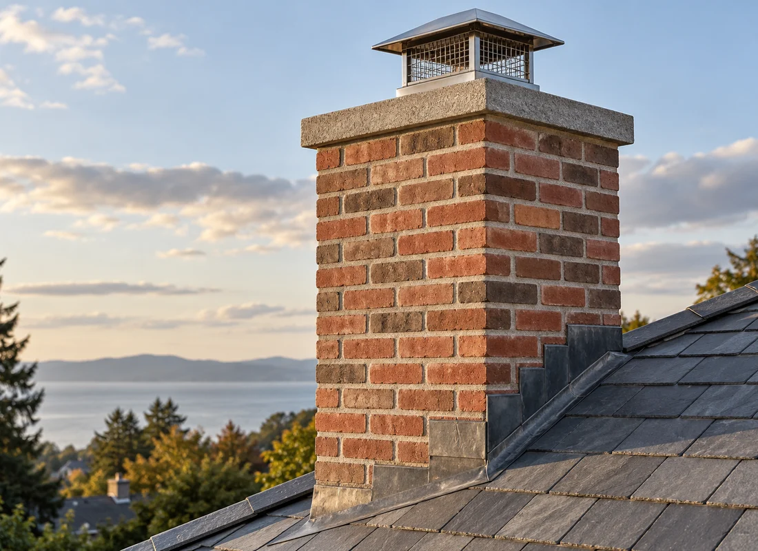 A red brick chimney with a metal cap and flashing rises through a sloped slate roof.