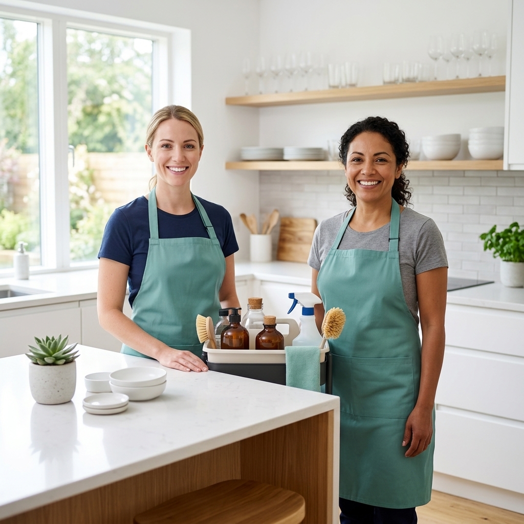 Diverse cleaning professionals preparing supplies in a bright kitchen