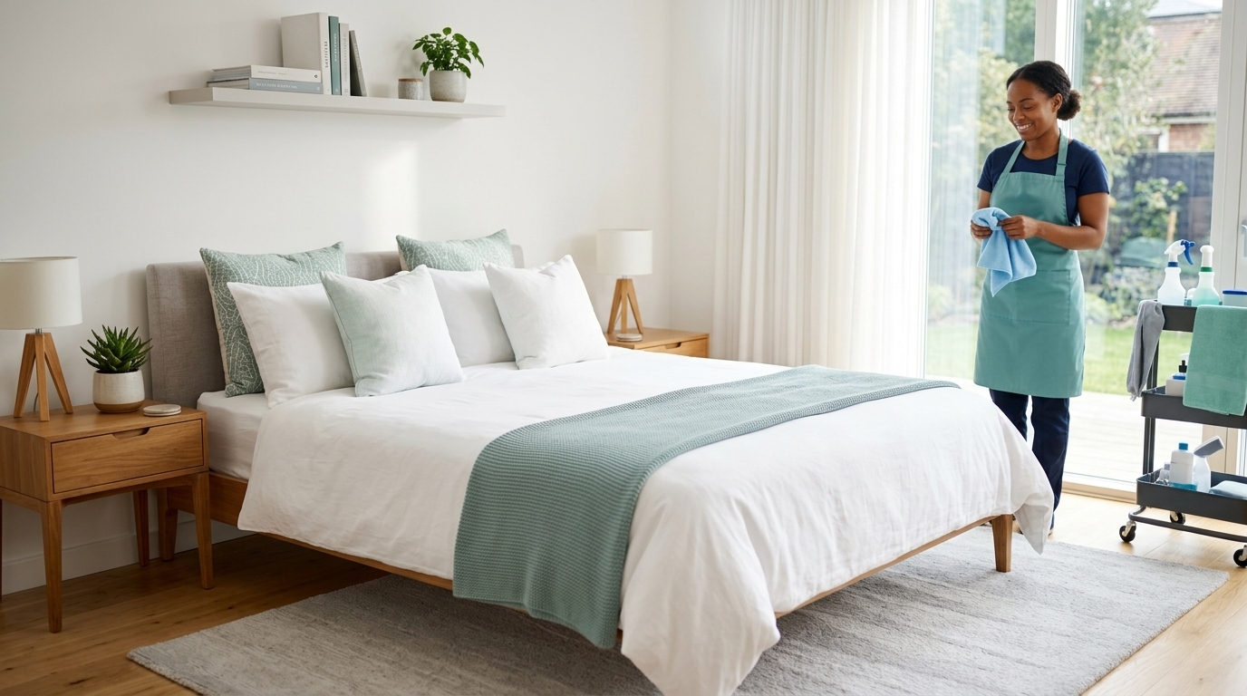 Fresh bedroom with clean linens, soft light, and tidy surfaces