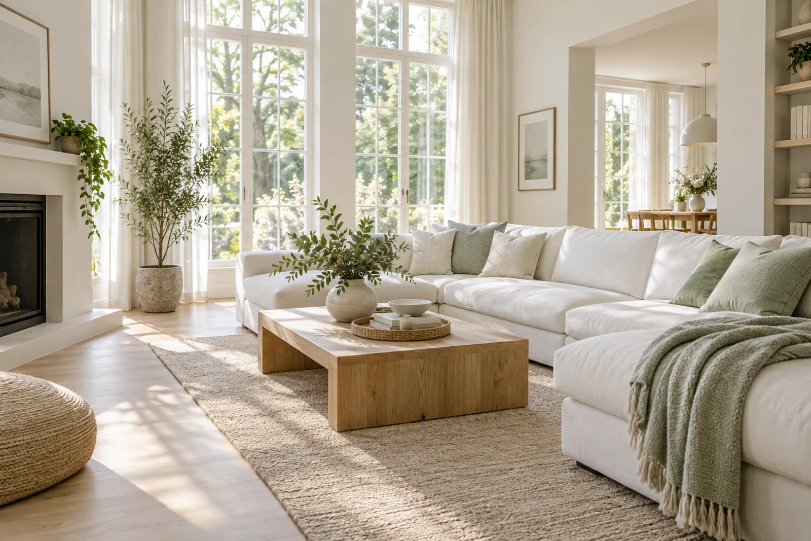 Freshly cleaned sunlit living room with pale oak flooring