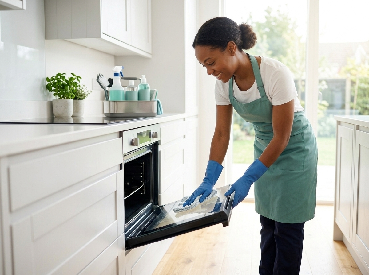 Cleaning professional detailing a bright kitchen counter and backsplash