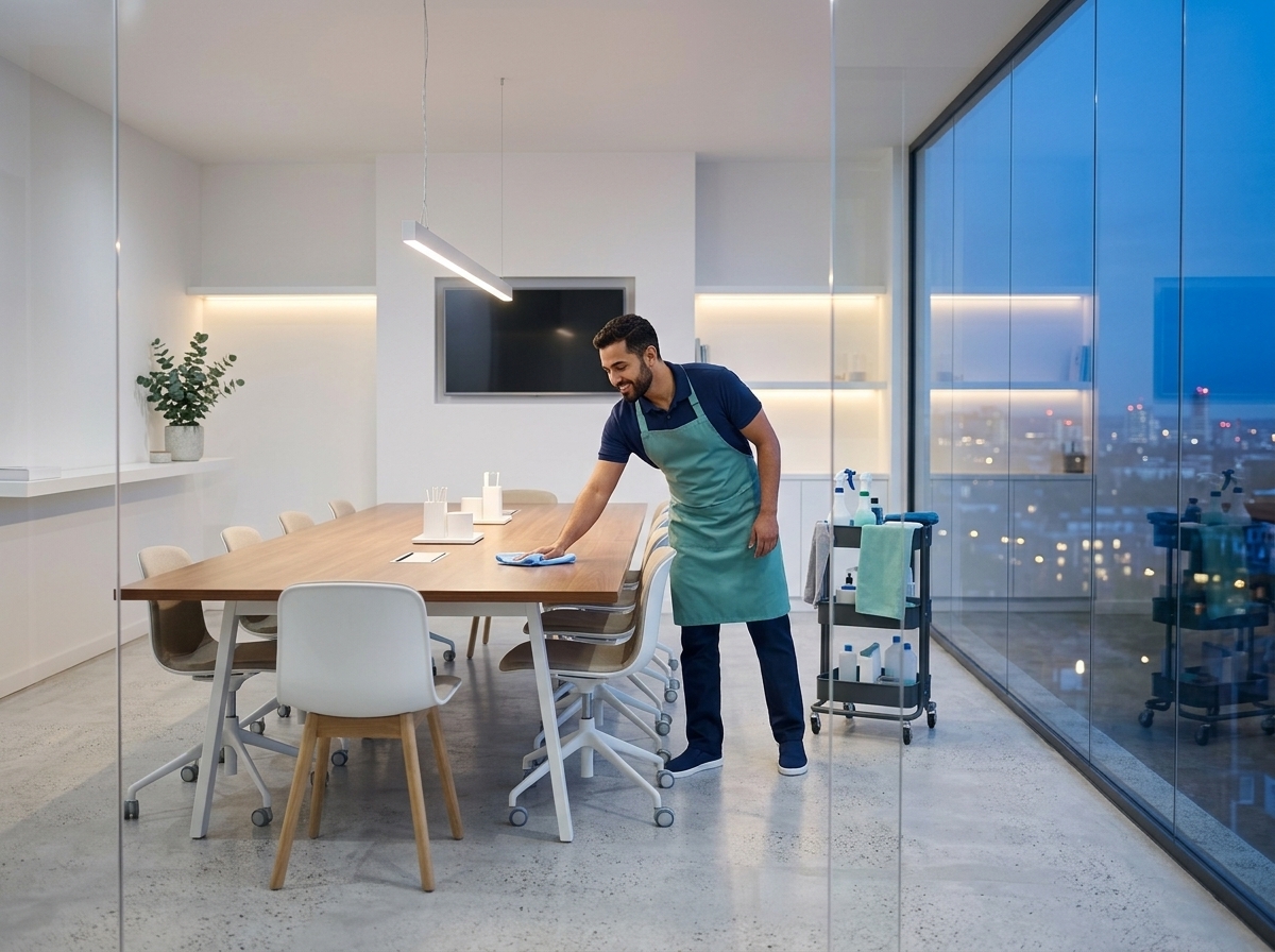 Bright office conference room with wiped table and orderly chairs