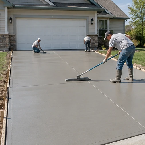 Three workers smooth a freshly poured concrete driveway in front of a garage.