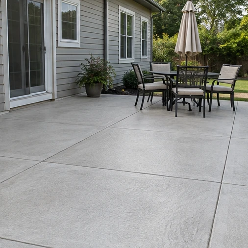 A concrete patio beside a gray house holds an outdoor dining table, chairs and a closed umbrella.