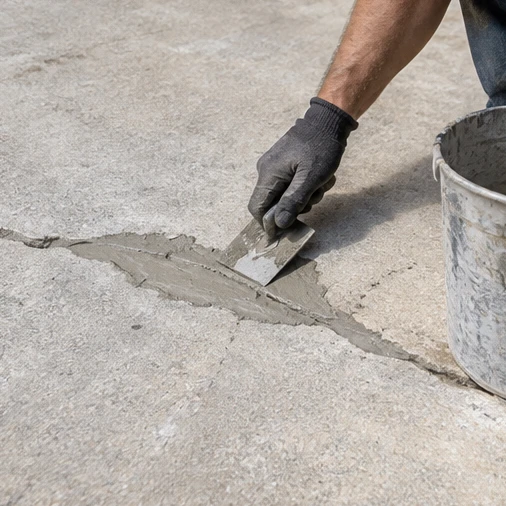 A gloved worker spreads gray repair compound into a concrete crack with a trowel beside a bucket.