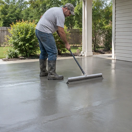 A worker uses a long-handled finishing tool on a wet concrete slab beside a house.