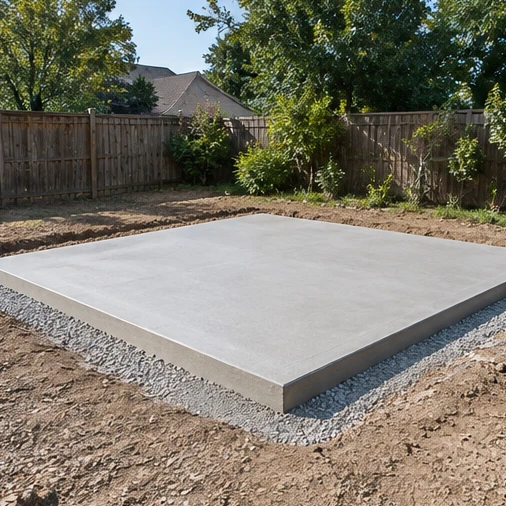 A rectangular concrete slab rests on gravel in a backyard surrounded by bare soil and a wooden fence.
