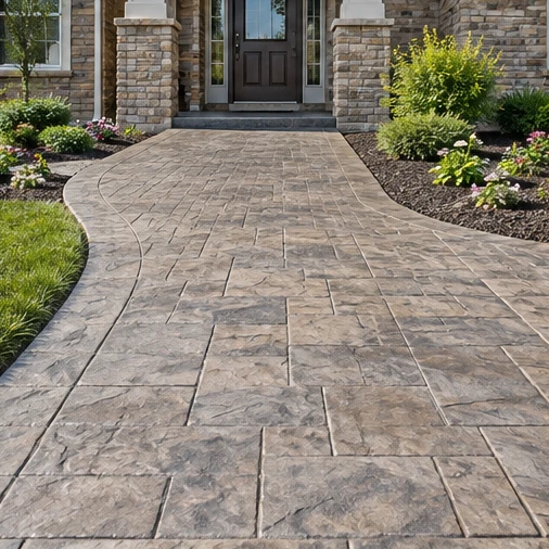 A curved stamped concrete walkway leads through planted beds to a stone-clad front entrance.