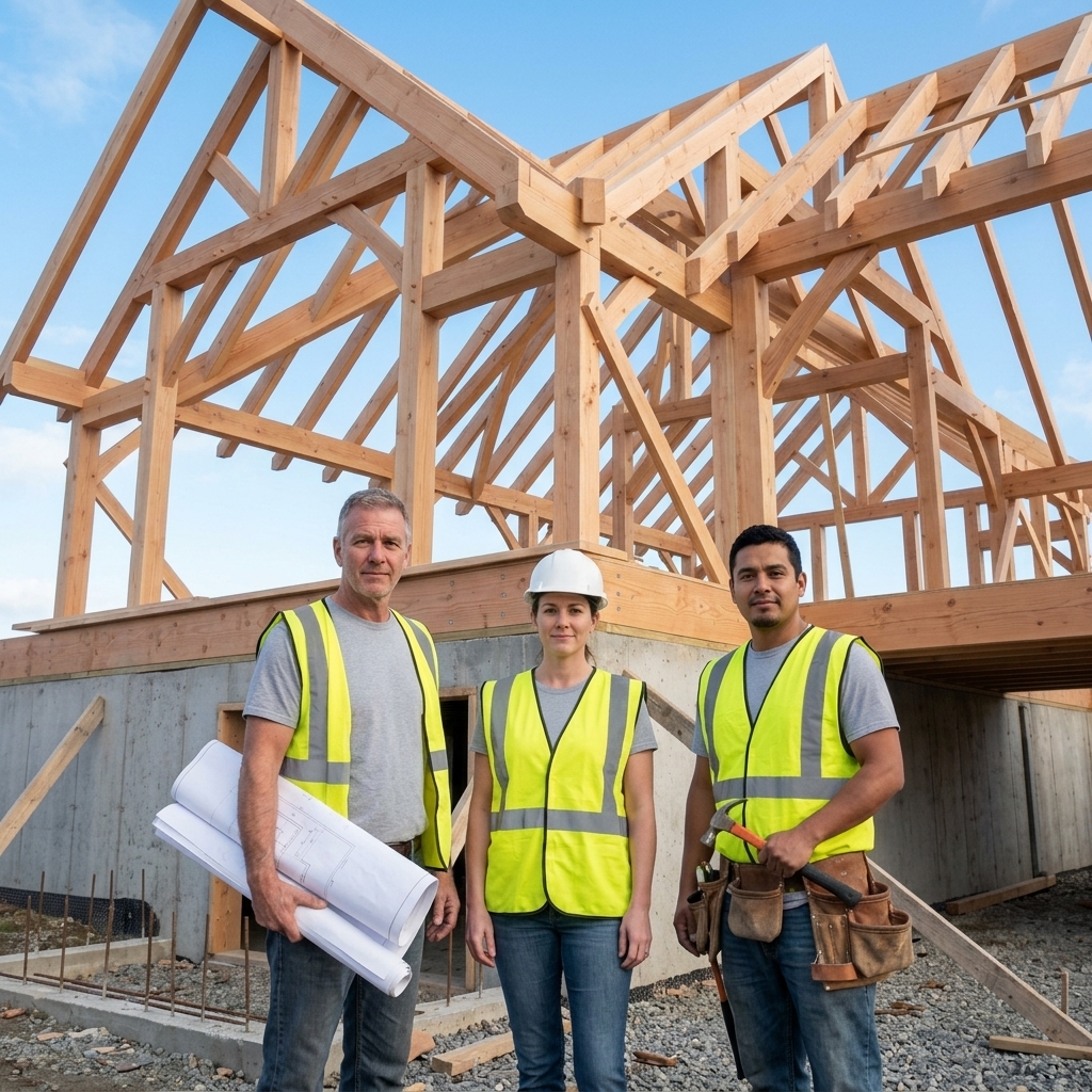 Construction team reviewing plans beside framing lumber