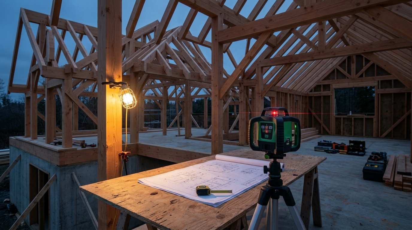 Blueprint and construction plans spread beside measuring tools