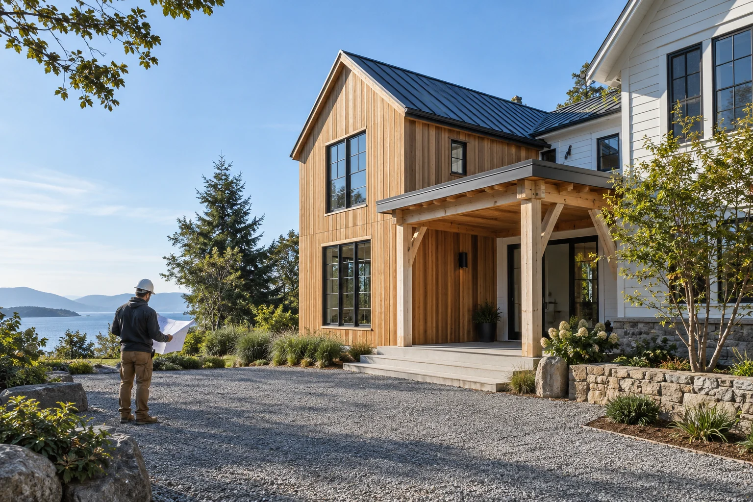 Residential home addition with cedar cladding and carefully aligned construction details