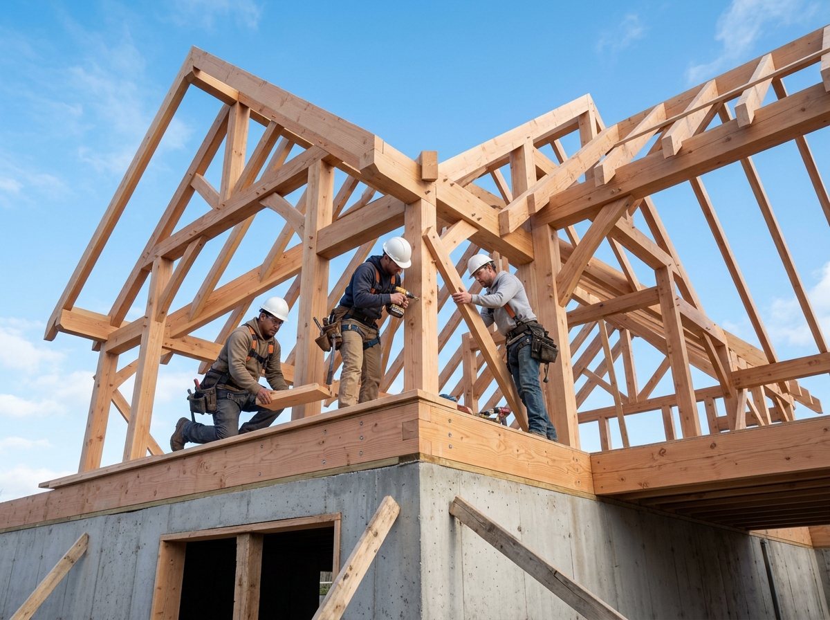 Framing crew raising wall sections on a residential addition