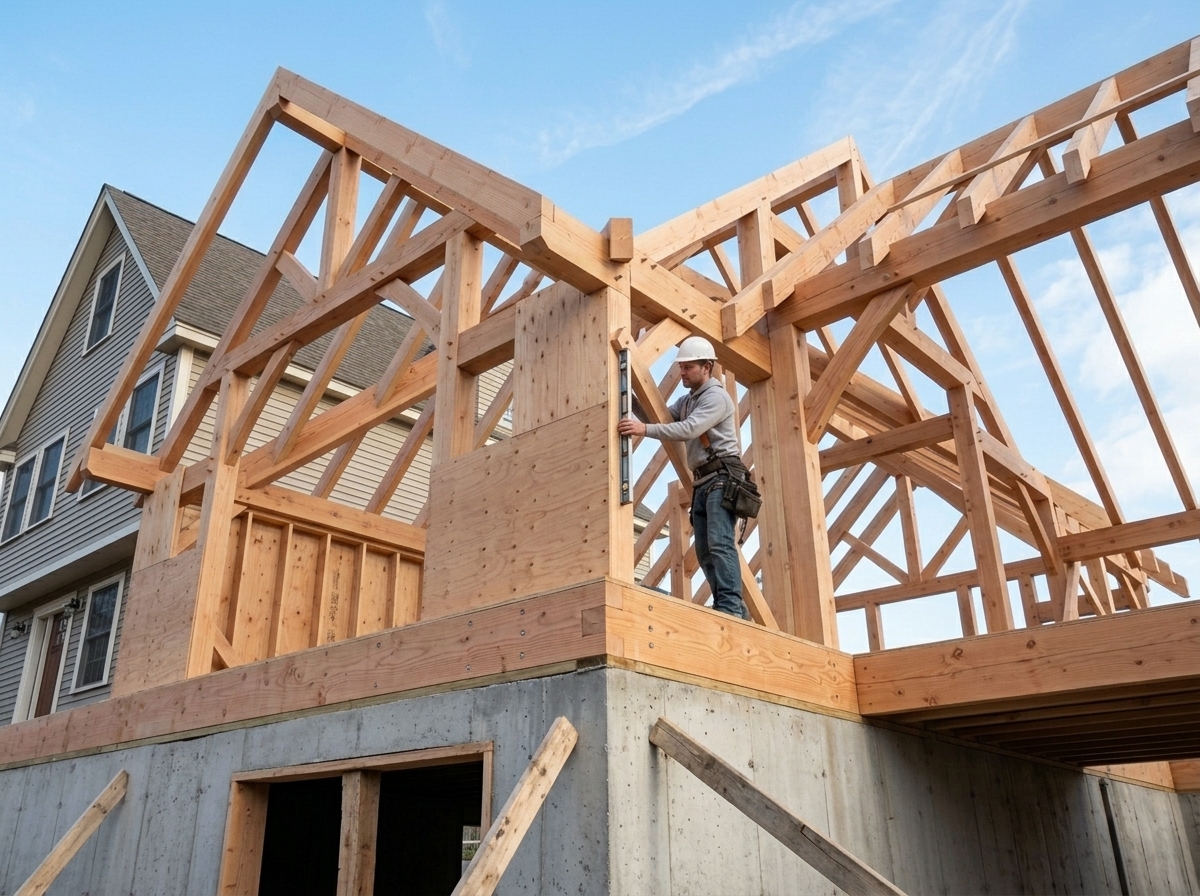 Exterior of a framed home addition with sheathing installed