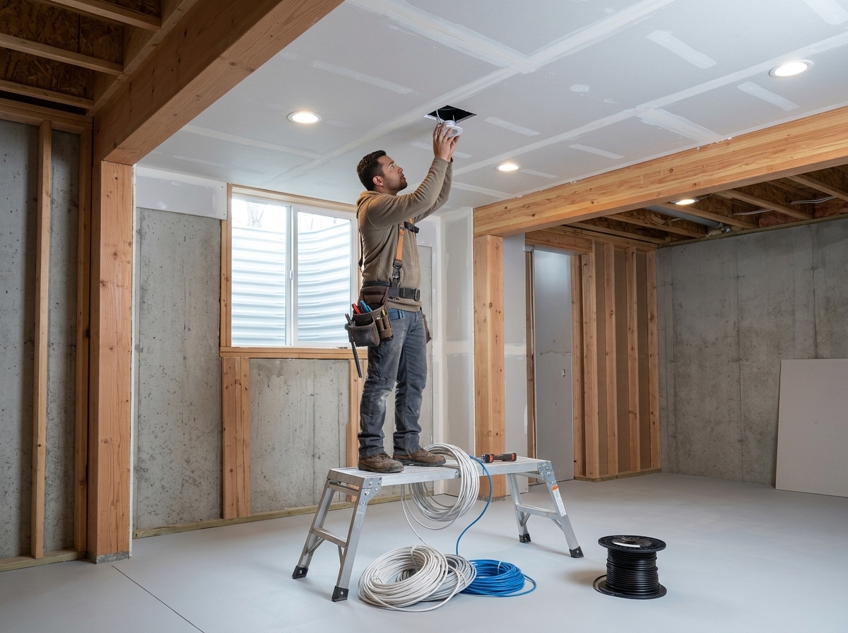 Basement framing with insulation and recessed lighting rough-in