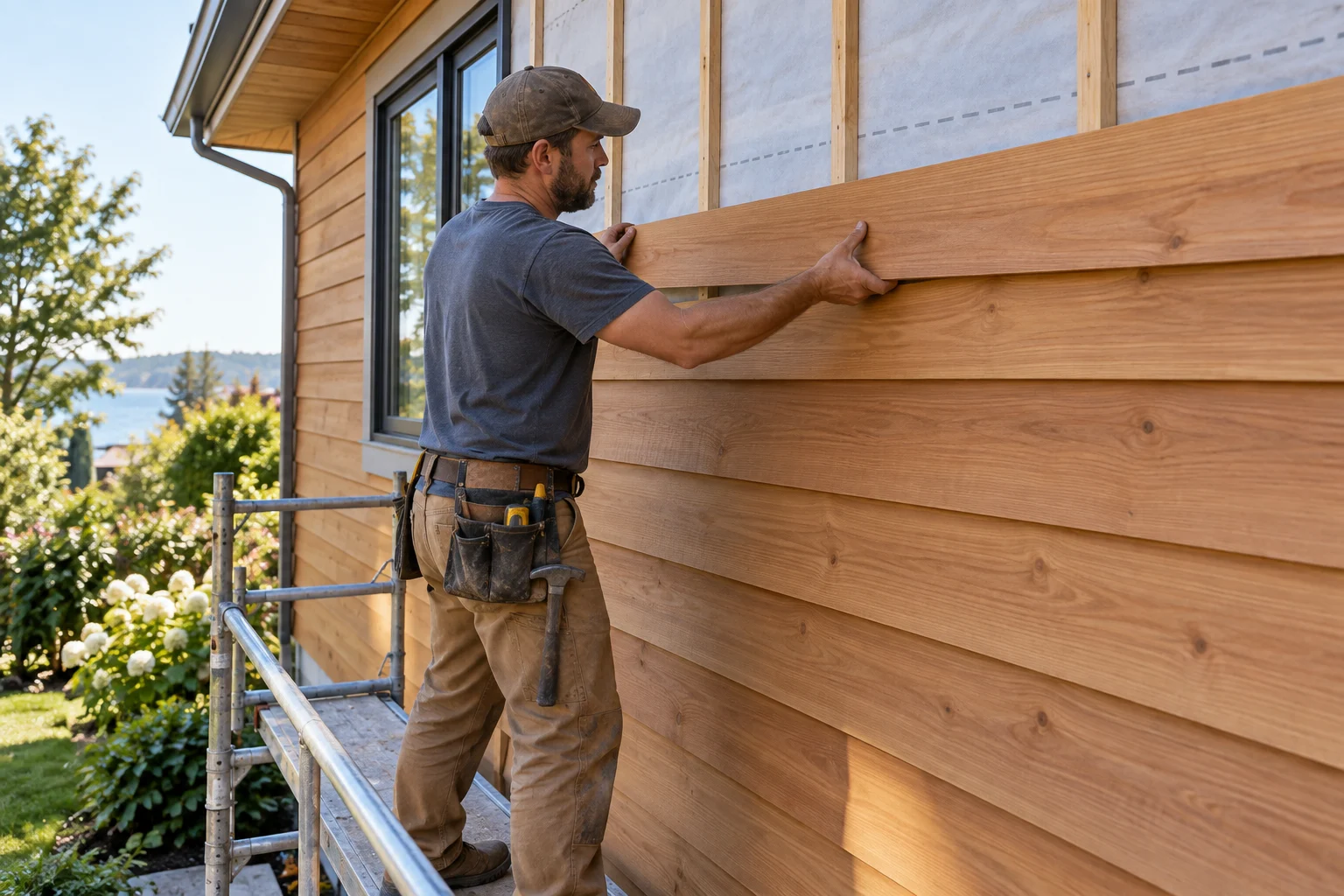 Contractor installing horizontal timber siding over a prepared exterior wall