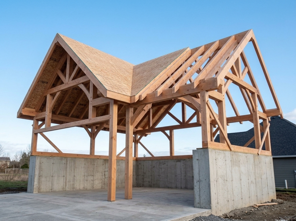 Timber roof and wall framing of a detached outbuilding under construction